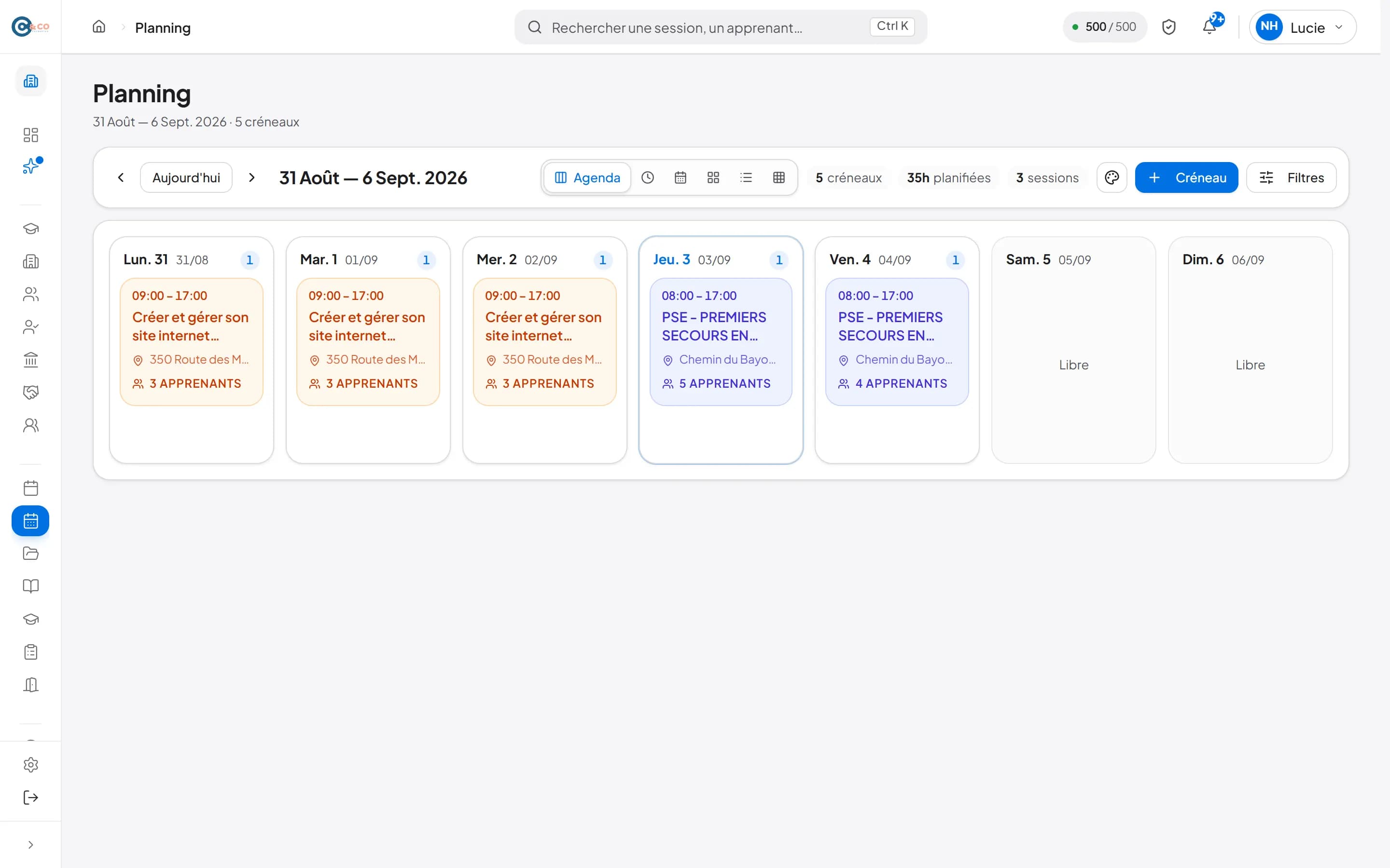 Le planning des sessions